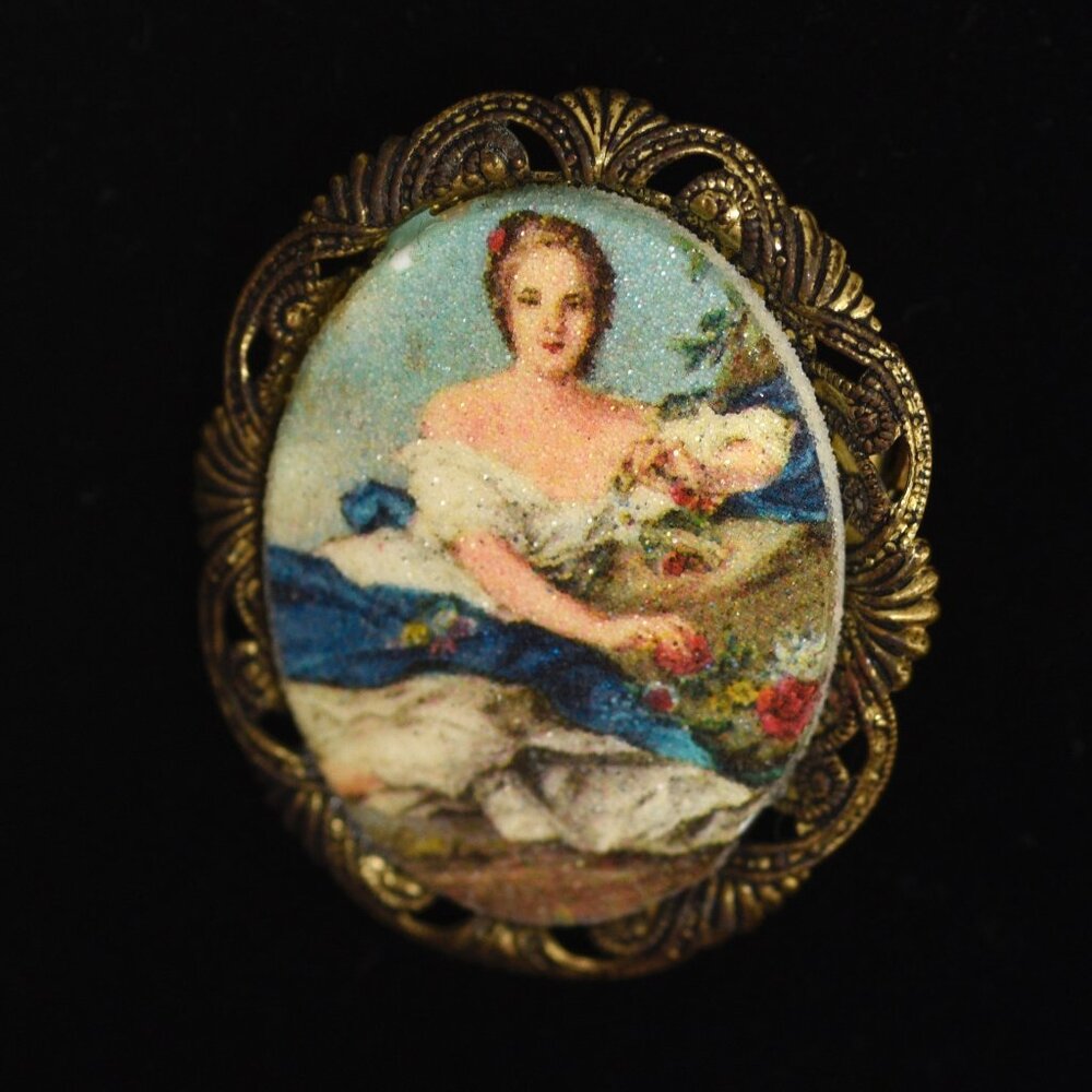 West Germany Cameo Style Brooch With Romantic Scene - Signed